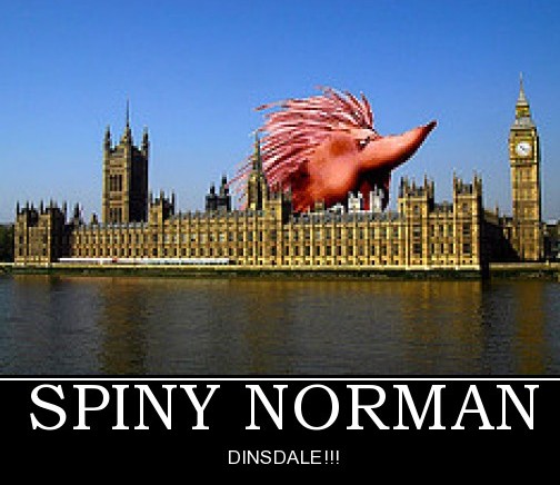 photo of Spiny Norman, giant hedgehog, looming over the House of Parliament